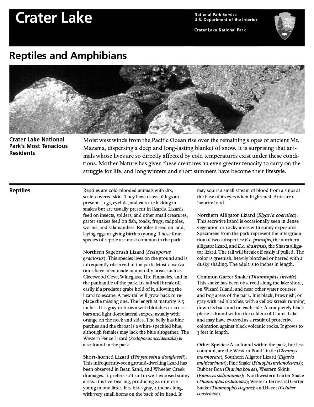 Leaflets - 2001 Reptiles and Amphibians Checklist - Crater Lake